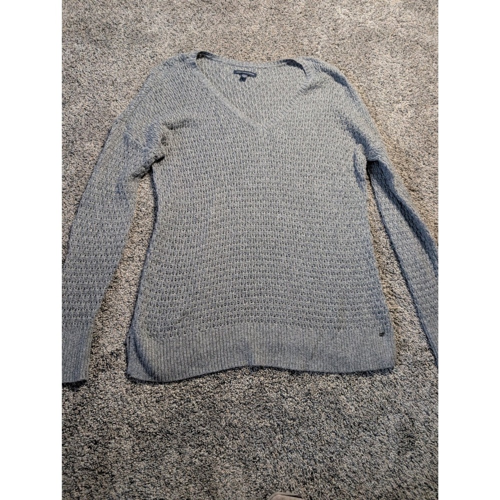 American Eagle Grey‎ Open Knit V-Neck Sweater Long Sleeve Side Slit Pullover M